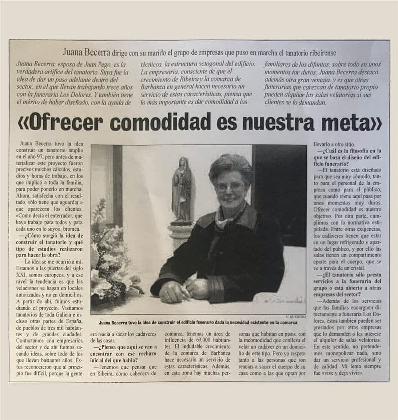 Recorte de prensa sobre la inauguración de Tanatorio-Crematorio Los Dolores